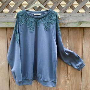 LUSH Lt. Blue Sweatshirt w/Lace & Open Shoulder